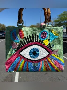 NEW Colorful Evil Eye Beaded Knit Tote Bamboo Handle Boho Bag